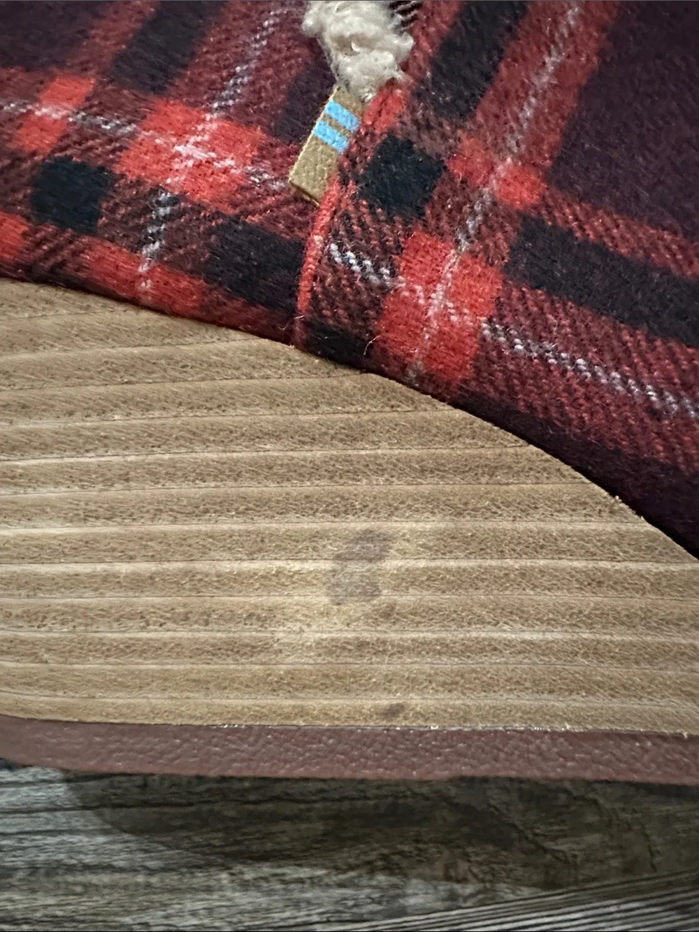 Plaid Sherpa Trim Wedge Booties - Burgundy Red Tom’s